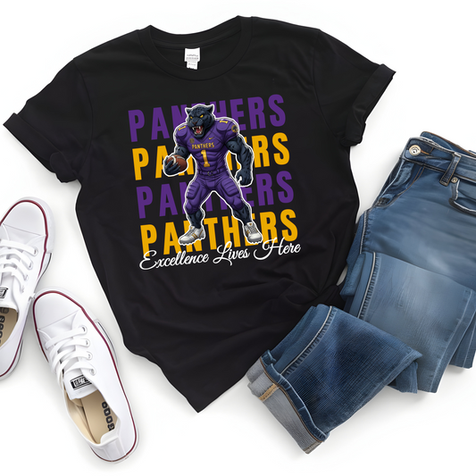Black t-shirt with panther graphic and text, paired with white sneakers and blue jeans on a white background Prairie View Panthers Football T-Shirt: Excellence Lives Here Game Day Comfy Tee