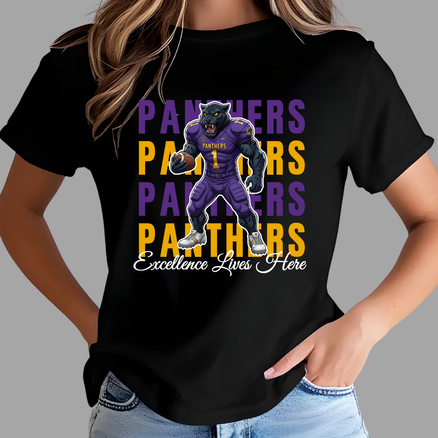Black t-shirt with a panther graphic and text on a gray background Prairie View Panthers Football T-Shirt: Excellence Lives Here Game Day Comfy Tee