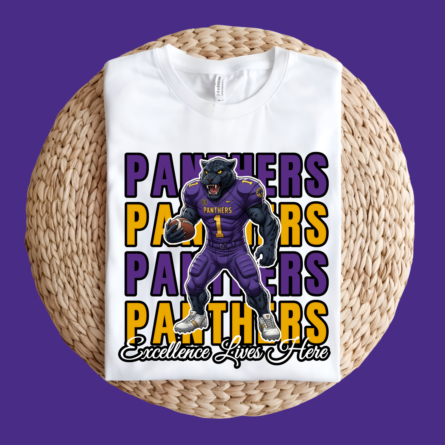 White t-shirt with panther graphic and text on a woven surface Prairie View Panthers Football T-Shirt: Excellence Lives Here Game Day Comfy Tee