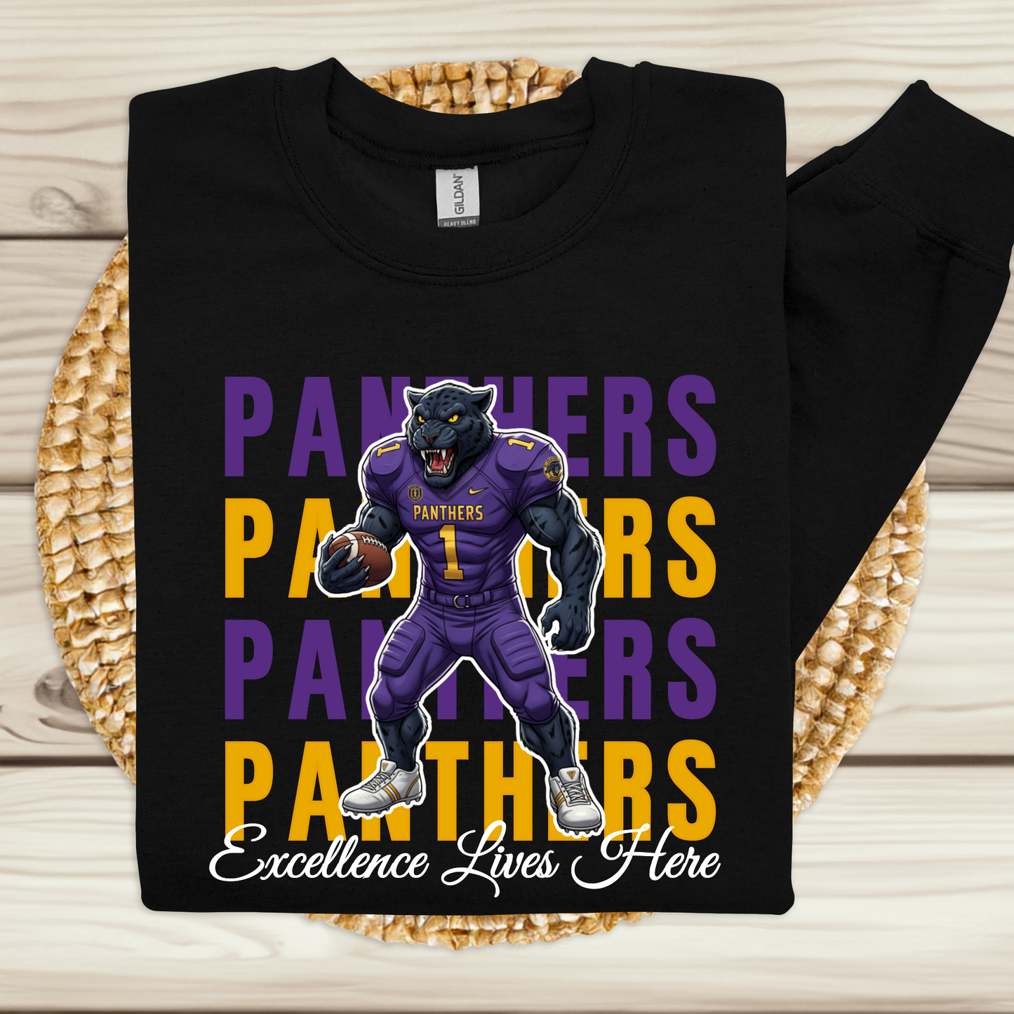 Black sweatshirt with a panther mascot design and text on a woven mat. Prairie View Panthers Sweatshirt: HBCU Game Day Football Cozy Sweater