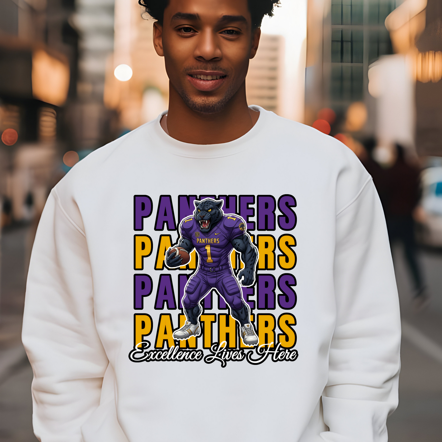 Person wearing a white sweatshirt with a panther graphic and text in an urban setting Prairie View Panthers Sweatshirt: HBCU Game Day Football Cozy Sweater