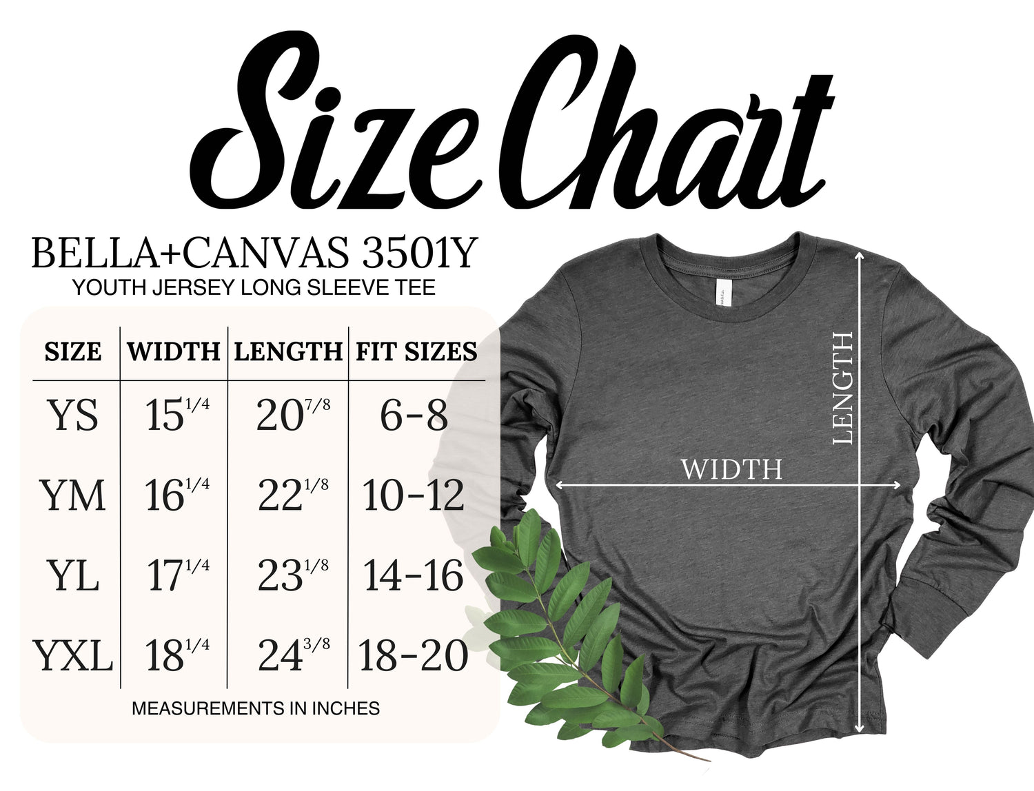 Size chart for Bella+Canvas youth jersey long sleeve tee with a gray shirt and leaf graphic.