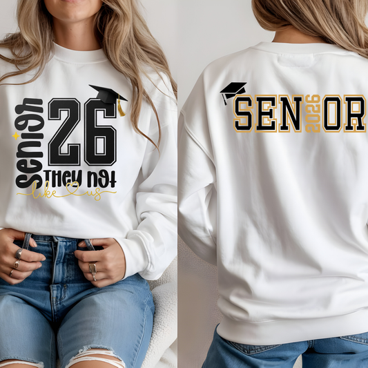 White sweatshirt with 'Senior 2026' text on front and back, worn by a person.