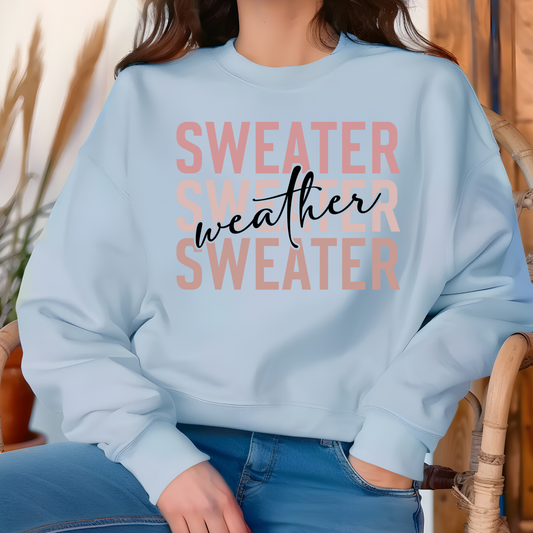 Light blue sweatshirt with 'SWEATER weather' text worn by a person sitting on a wicker chair. Sweater Weather - Cute and Chic Minimalist Fall Crewneck Cozy Sweater