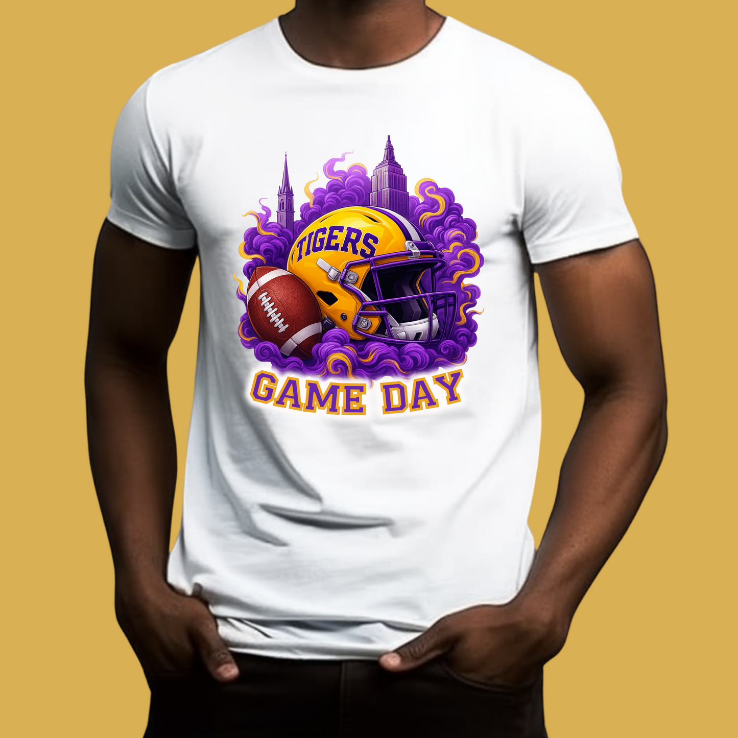 White t-shirt with 'Tigers Game Day' design featuring a helmet and football on a yellow background Tigers Game Day Tee - Bold Fan Game Day Tigers Football T-Shirt
