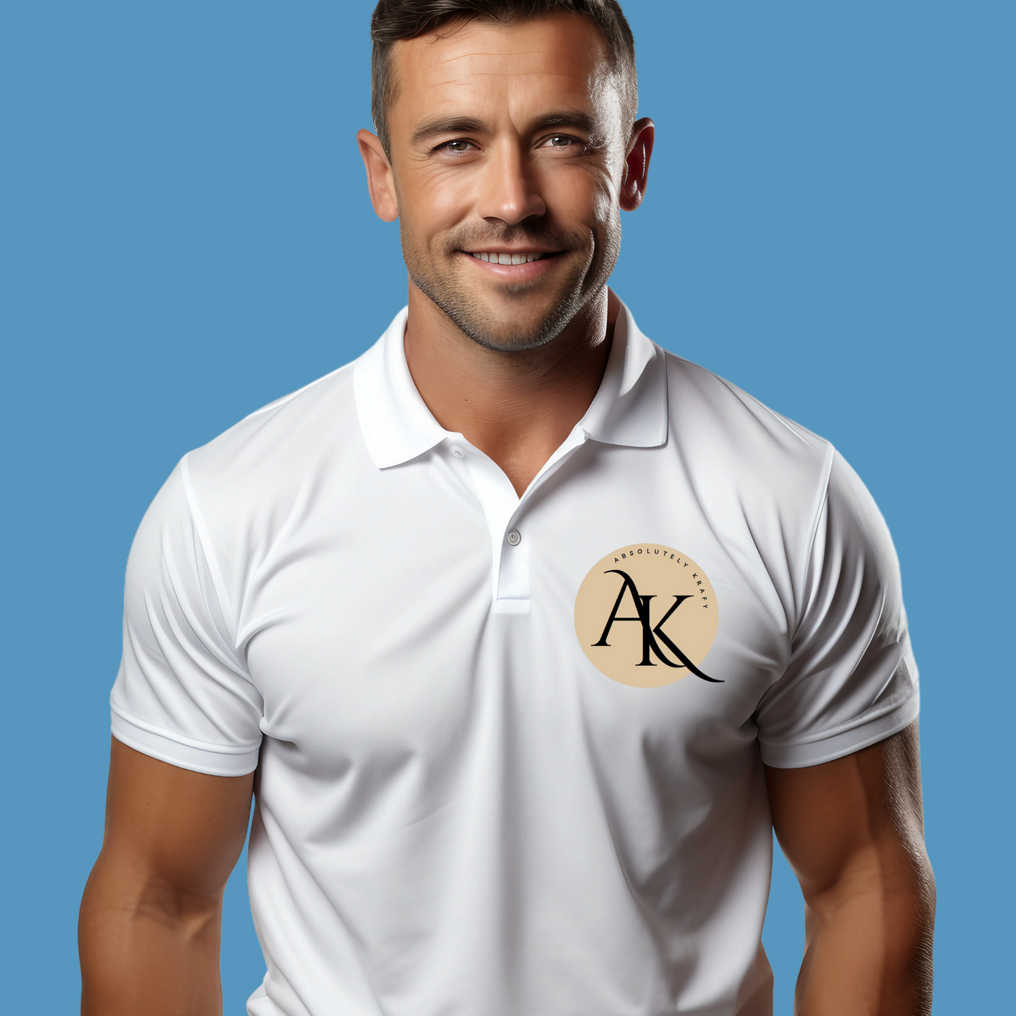 Taylor-Made Custom Polo Shirt - Company Logo - white polo with branded company logo on the front Example of Branded Logo Polo