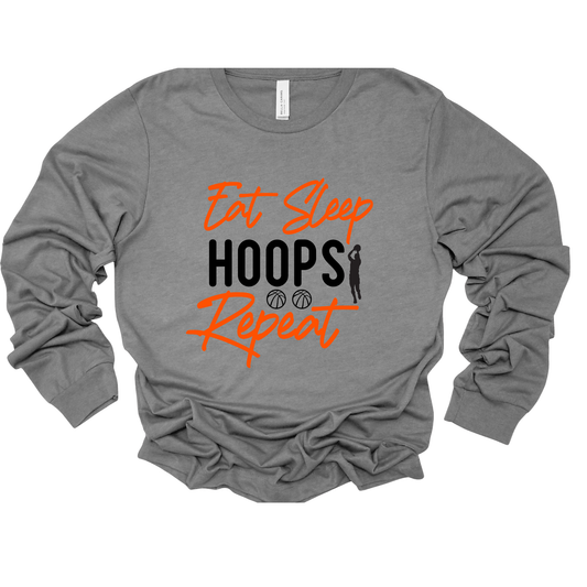 Team Basketball Long Sleeve Shirt "Eat Sleep Hoops Repeat" T-Shirt Versatile Wear: Perfect for High School, College, Women's, and Men's Basketball enthusiasts, this shirt fits seamlessly into any casual or athletic outfit.