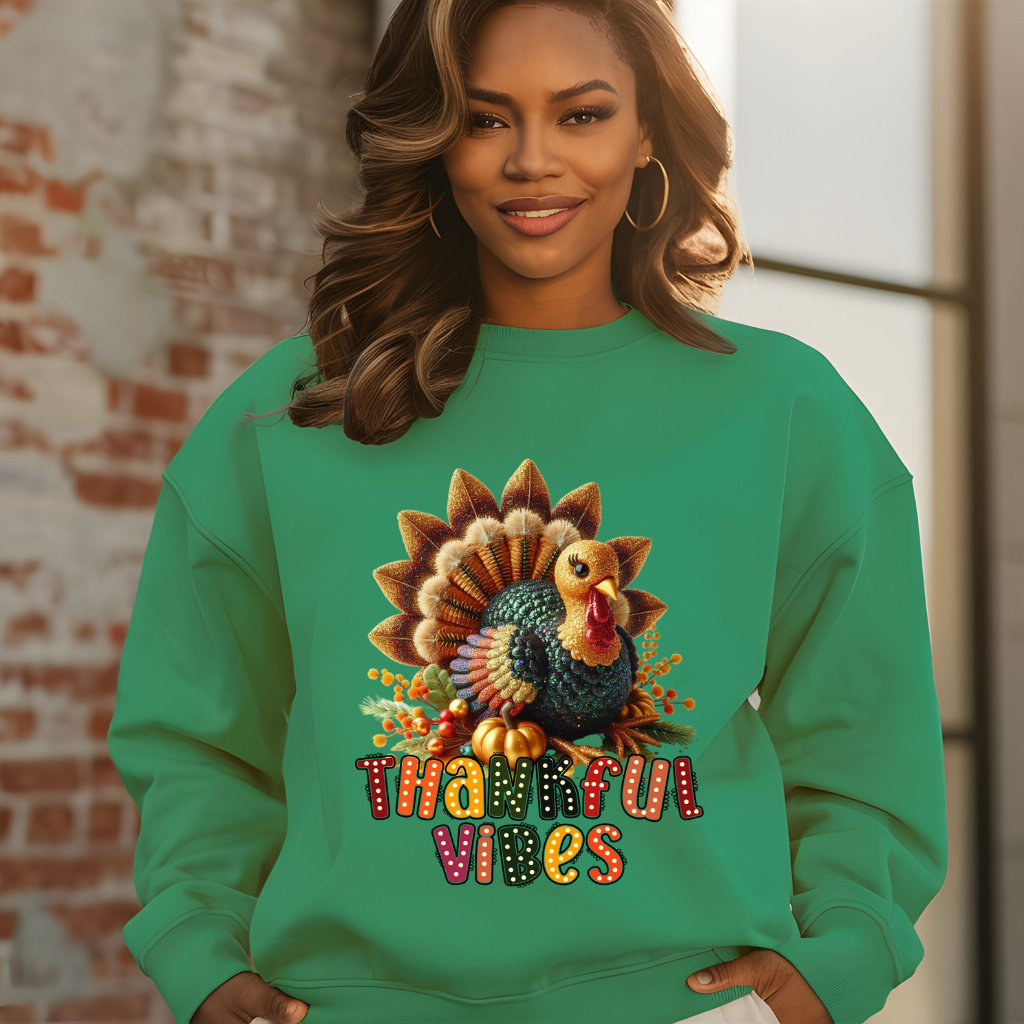 Thankful Vibes Irish Green Oversized Woman's Crewneck Soft Crewneck Sweater for Thanksgiving