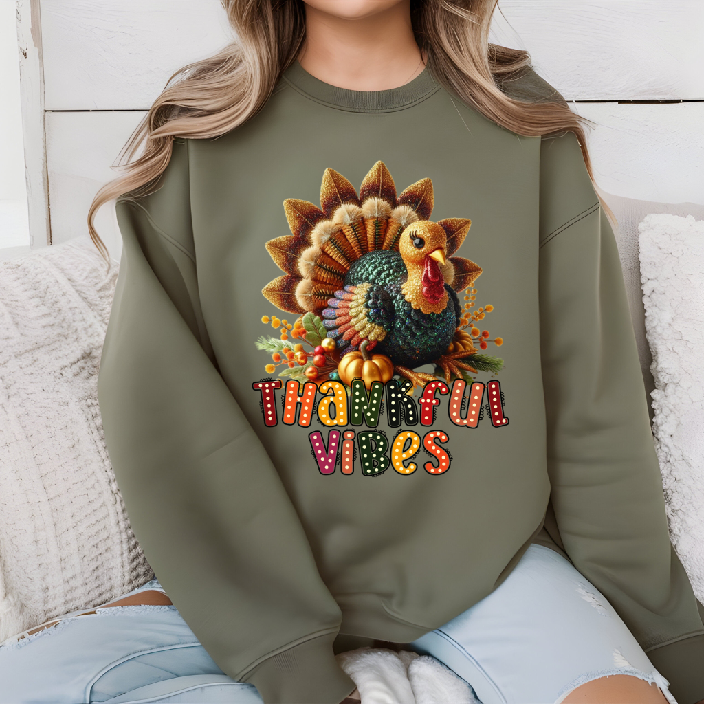 Thankful Vibes Olive Green Oversized Woman's Crewneck Soft Crewneck Sweater for Thanksgiving