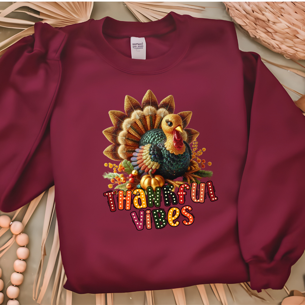 Thankful Vibes Maroon Oversized Woman's Crewneck Soft Crewneck Sweater for Thanksgiving