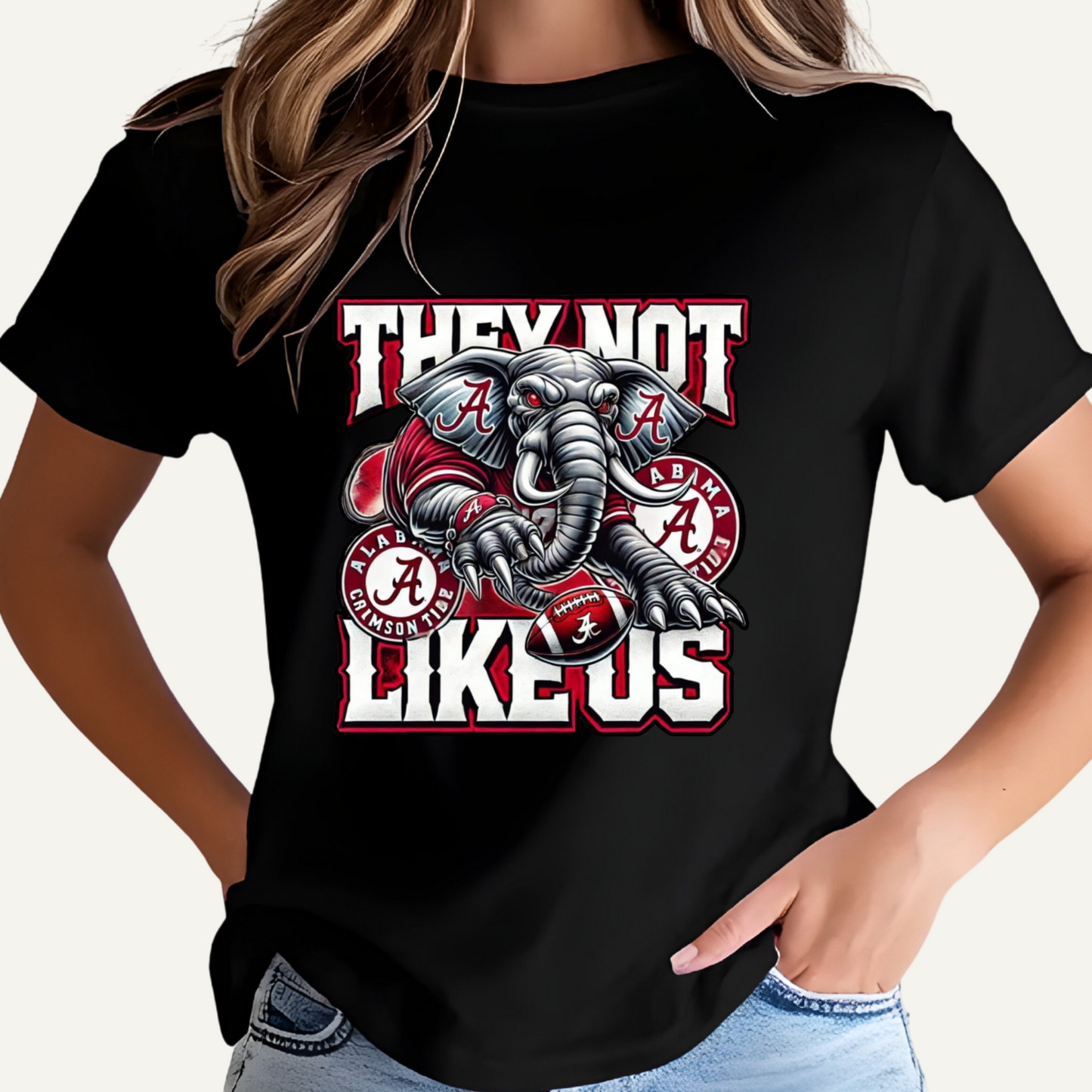 Black t-shirt with an elephant graphic and text on a plain background Alabama Football "They Not Like Us" Alabama Crimson Tide T-Shirt