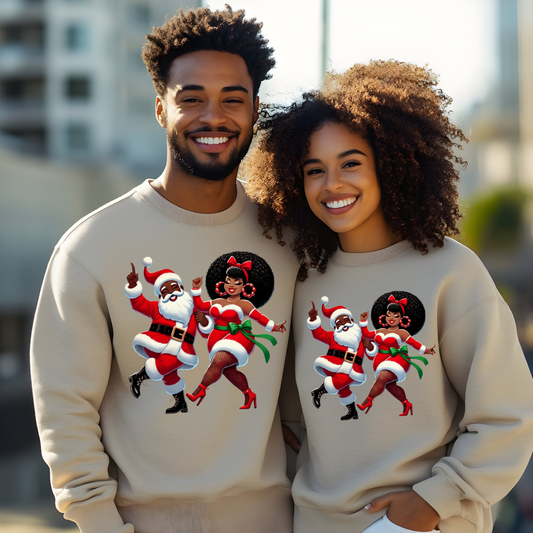 Black Santa & Mrs. Claus Dance Party Sweater | Urban Christmas Couple Sweatshirt Version 2