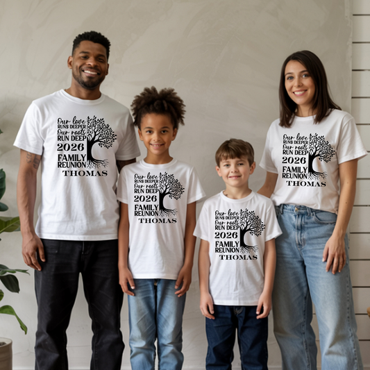 Family of four wearing matching white t-shirts with a family reunion design.