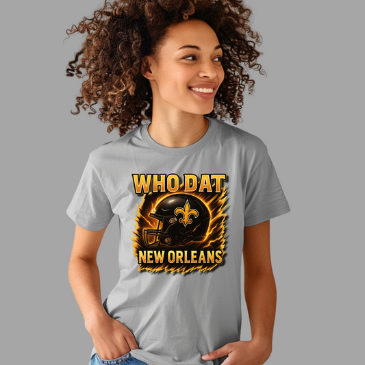 Person wearing a gray t-shirt with 'WHO DAT New Orleans' design on a gray background Who Dat New Orleans Tee - Fierce Football Fan Energy T-Shirt