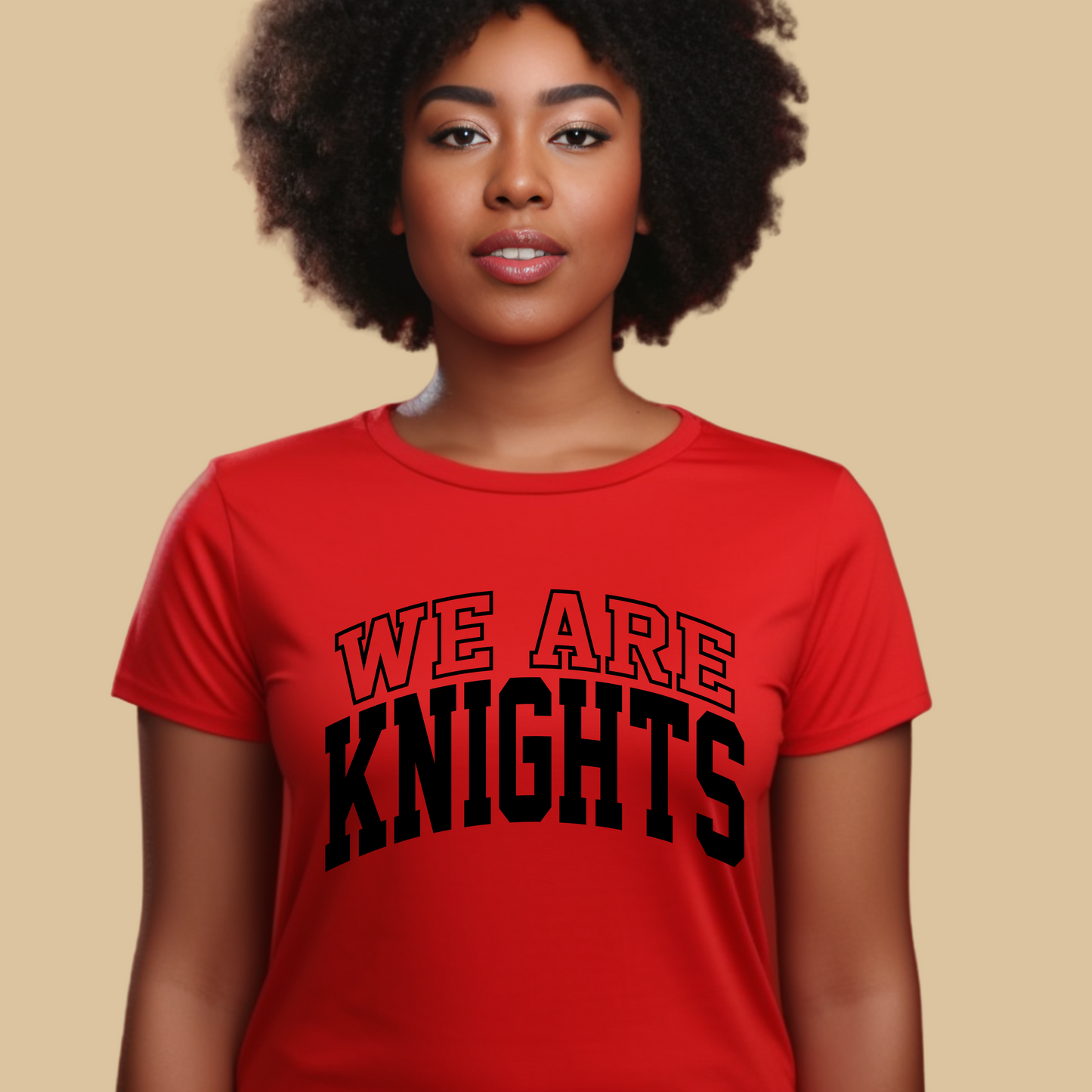 Person wearing a red t-shirt with 'WE ARE KNIGHTS' text on a beige background Knights School Spirit Shirt - We Are Knights - Rep the Knights Tee