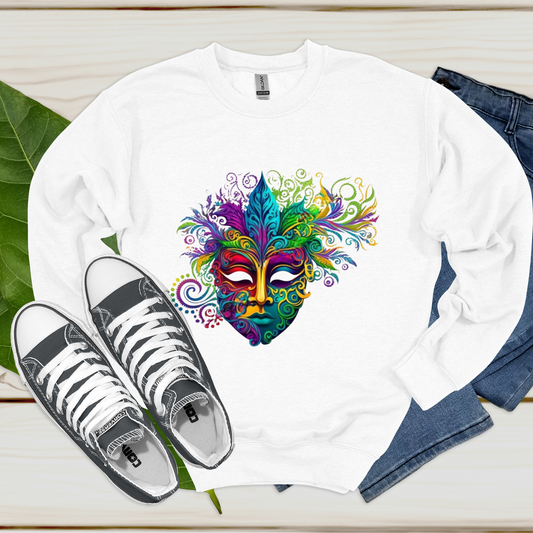 Women wearing white sweater with Vibrant and Bright Mardi Gras Mask to celebrate Mardi Gras Parade New Orleans