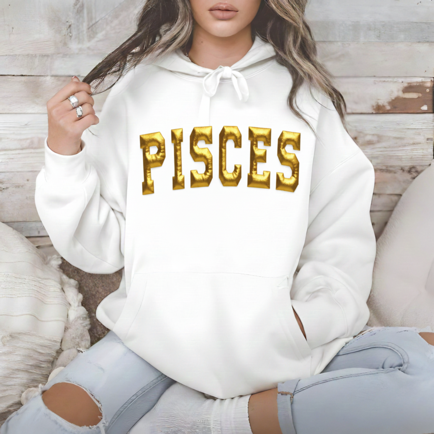 Custom Zodiac Puff Print Hoodie - Embossed Puff Zodiac (White) Hoodie