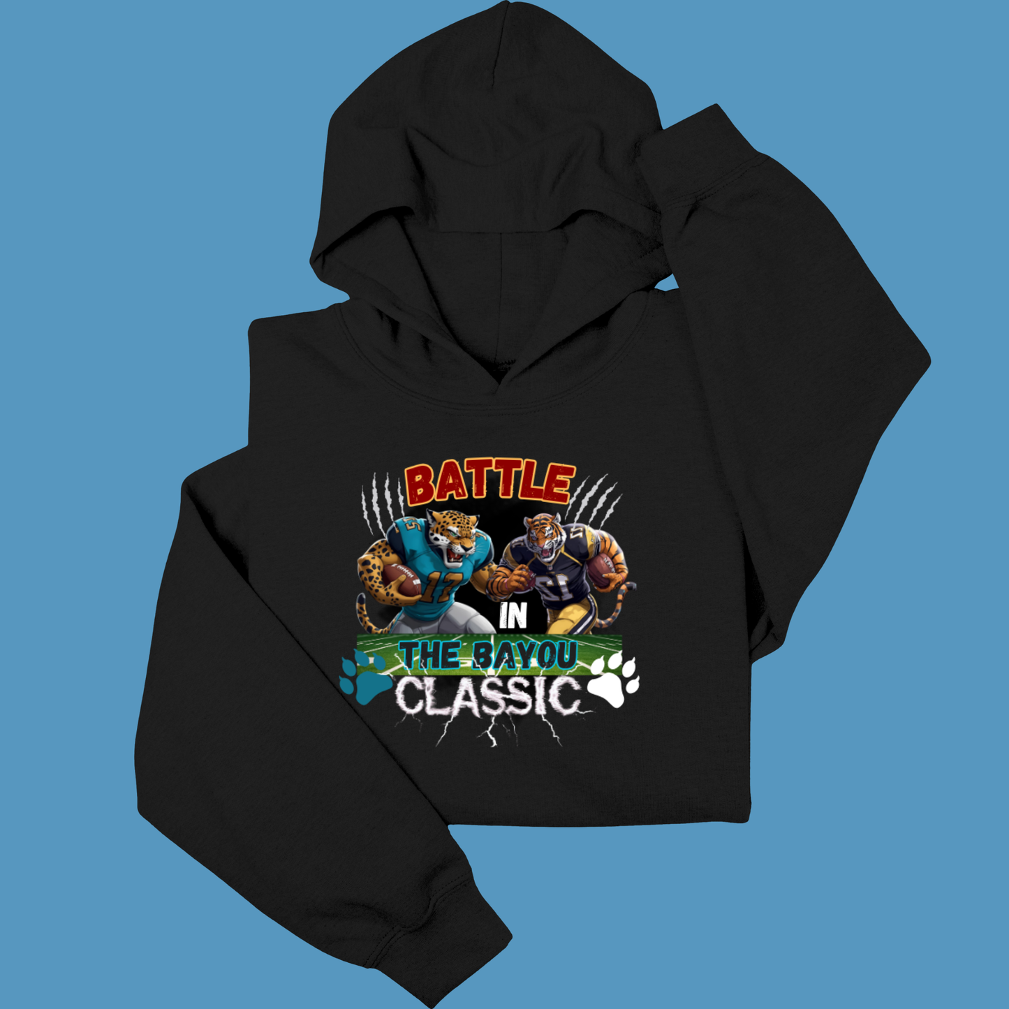 Black hoodie with 'Battle in the Bayou Classic' graphic on a blue background Bayou Classic Hoodie: Battle in the Bayou Classic Game Day Unisex Hoodie