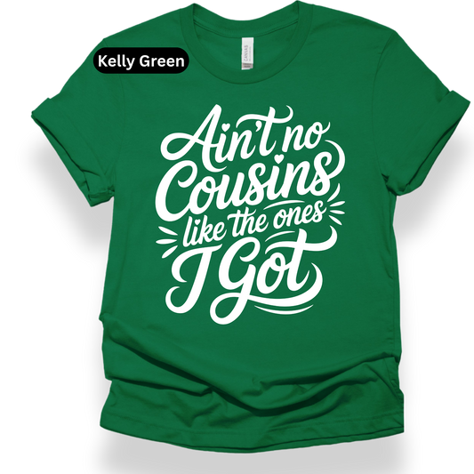 Green t-shirt with white text on a white background
