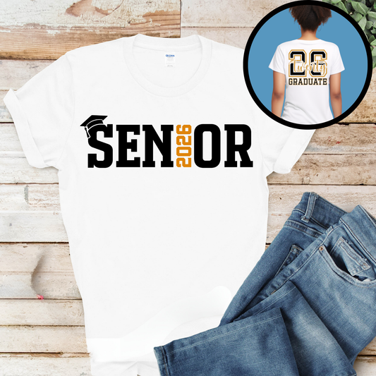 White t-shirt with 'Senior 2026' text on a wooden surface with jeans.