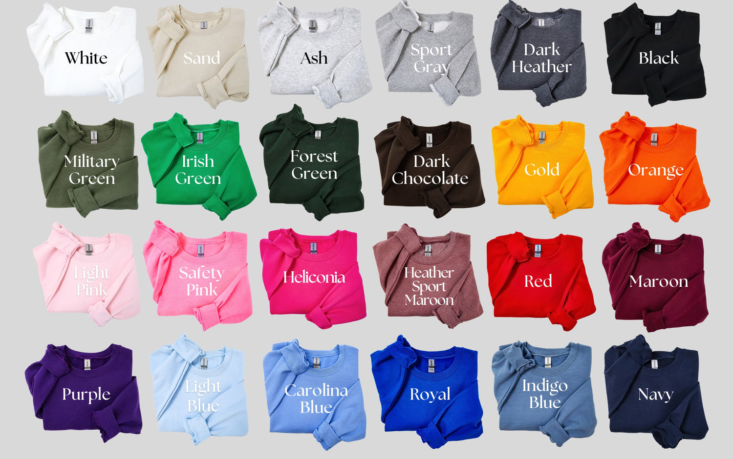 Collection of sweatshirts in various colors with color names printed on them.