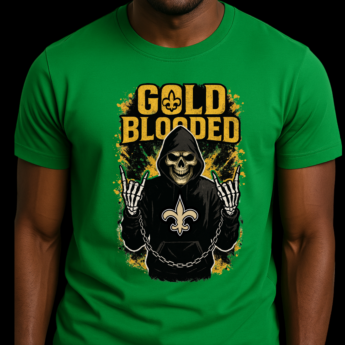 Green t-shirt with a graphic design featuring a hooded figure, skull, and text 'Gold Blooded' on a black background. Saints Football Shirt - "Gold Blooded" Saints Game Day Graphic tee