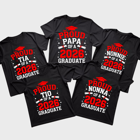 Black t-shirts with red and white text celebrating 2026 graduates and their family members on a light gray background.