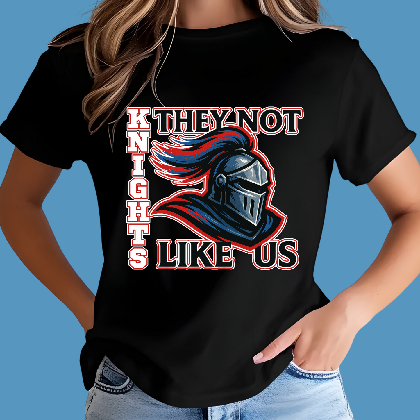 Person wearing a black t-shirt with a graphic design and text on a blue background Knight Game Day Shirt: They Not Like Us - Knights Team Spirit Tee's