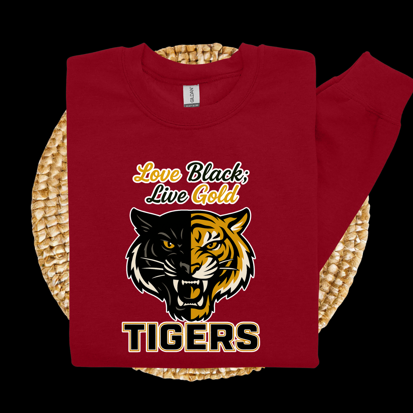 Red sweatshirt with tiger design and text on a woven surface Grambling Tigers Sweater: Love Black; Live Gold Unisex Bold Crewneck Sweater