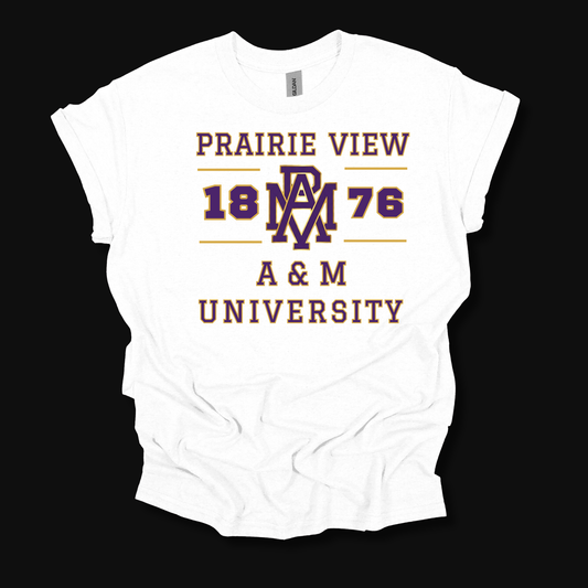 A white short-sleeve t-shirt with a vintage-style graphic print reading 'PRAIRIE VIEW 1876 A & M UNIVERSITY' in maroon and purple, displayed against a solid black background.