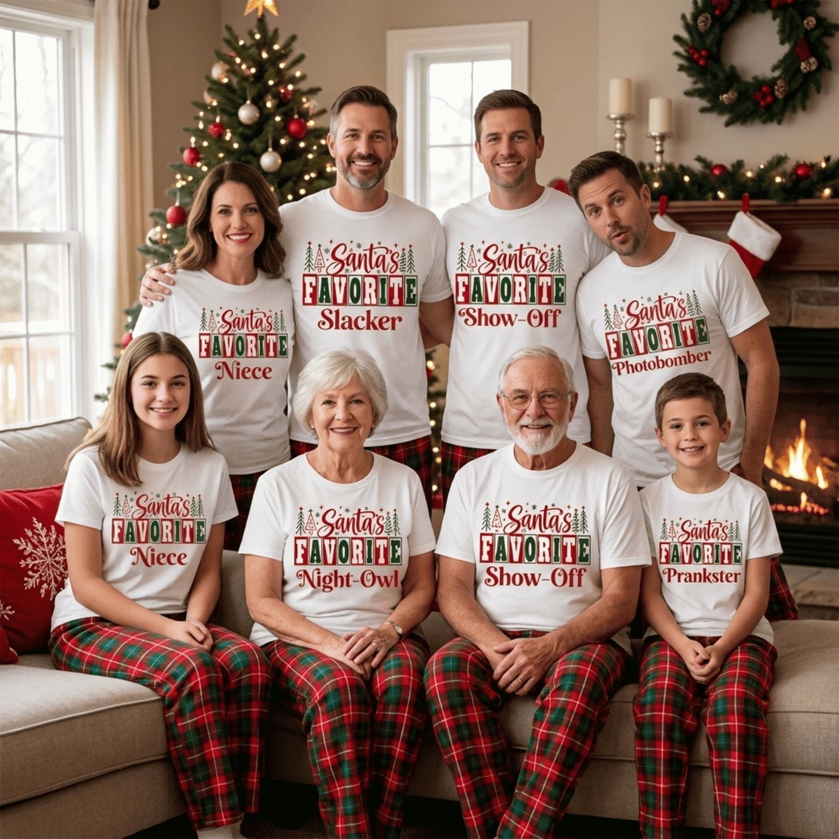 Custom "Santa's Favorite" Christmas Shirt  | Matching Family Holiday Tee Customizable white crewneck sweatshirts featuring a festive 'Santa's Favorite' Christmas graphic for Grandma, Daddy, and family holiday matching.