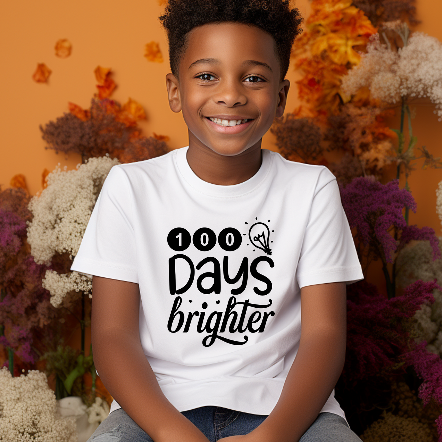 100 Days of School girl wearing 100 days brighter white tee shirt