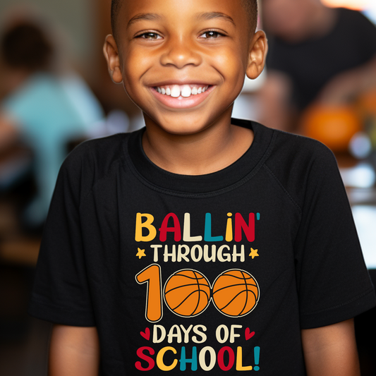 100 Days T-Shirt - Ballin' Through 100 Days of School Cool Tee Shirt to celebrate 100 days of school
