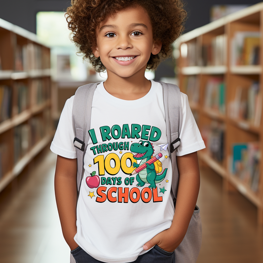 100 Days T-Shirt "I Roared Through 100 Days of School" Kids 100 School Days Shirt to celebrate the milestone of 100 exciting school days 
