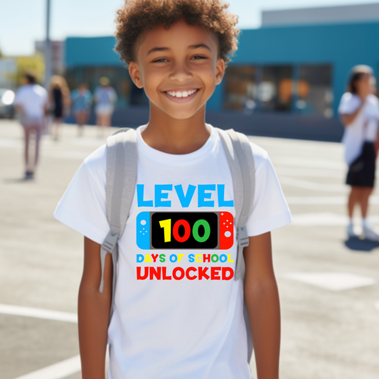 100 Days T-Shirt "Level 100 Days of School Unlocked" Kids 100 School Days Shirt to celebrate 100 days of learning in school a milestone
