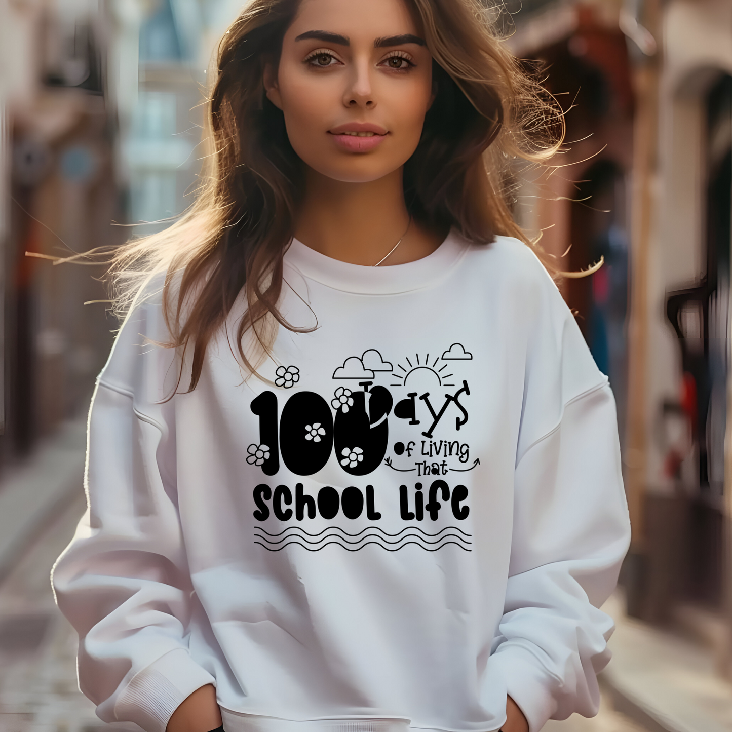 100 Days of School Teacher Sweater "100 Days of Living the School Life" Cozy and Fun Sweatshirt Fun Teacher 100 Days of school shirt for the classroom