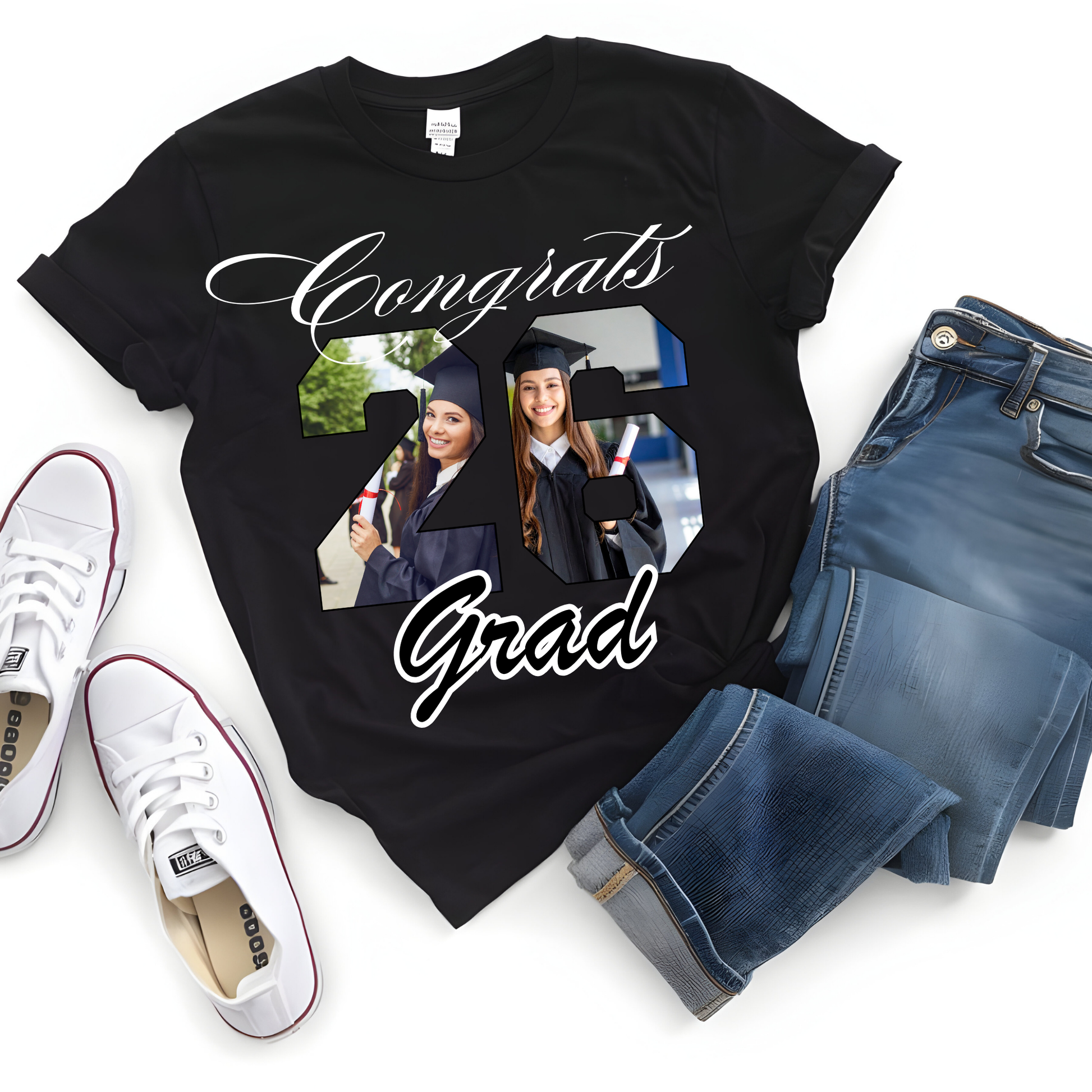 Black t-shirt with 'Congrats 2023 Grad' text and photo of graduates, paired with jeans and sneakers on a white background.  Customizable graduation photo t-shirt featuring senior portrait, school mascot, and sports organization logos in school colors