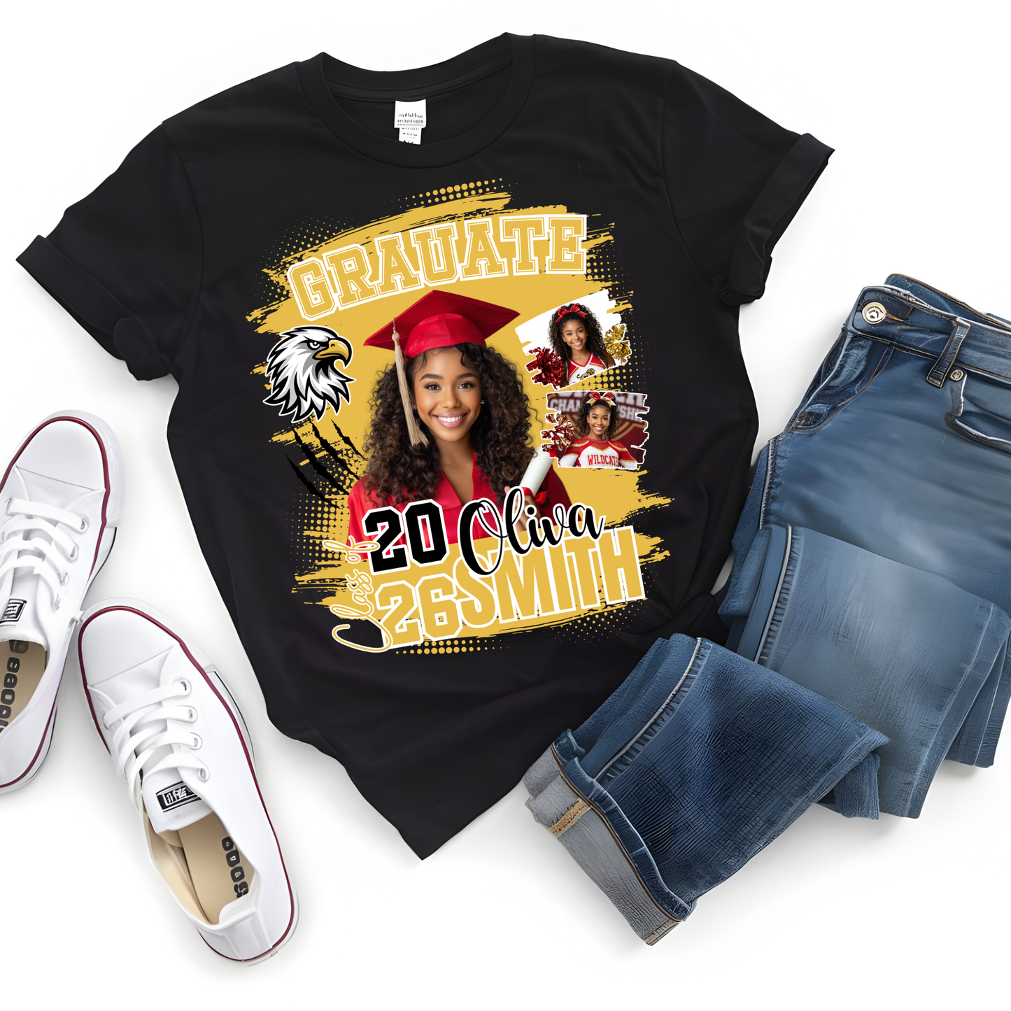 Graduation-themed t-shirt with personalized design, jeans, and sneakers on a white background  Customizable graduation photo t-shirt featuring senior portrait, school mascot, and sports organization logos in school colors