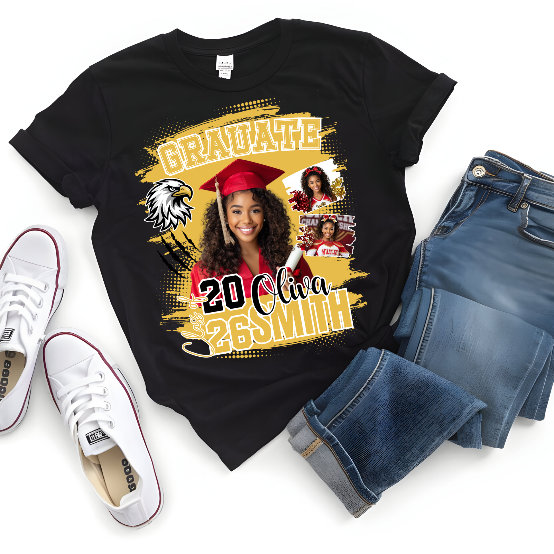 Graduation-themed t-shirt with personalized design, jeans, and sneakers on a white background  Customizable graduation photo t-shirt featuring senior portrait, school mascot, and sports organization logos in school colors