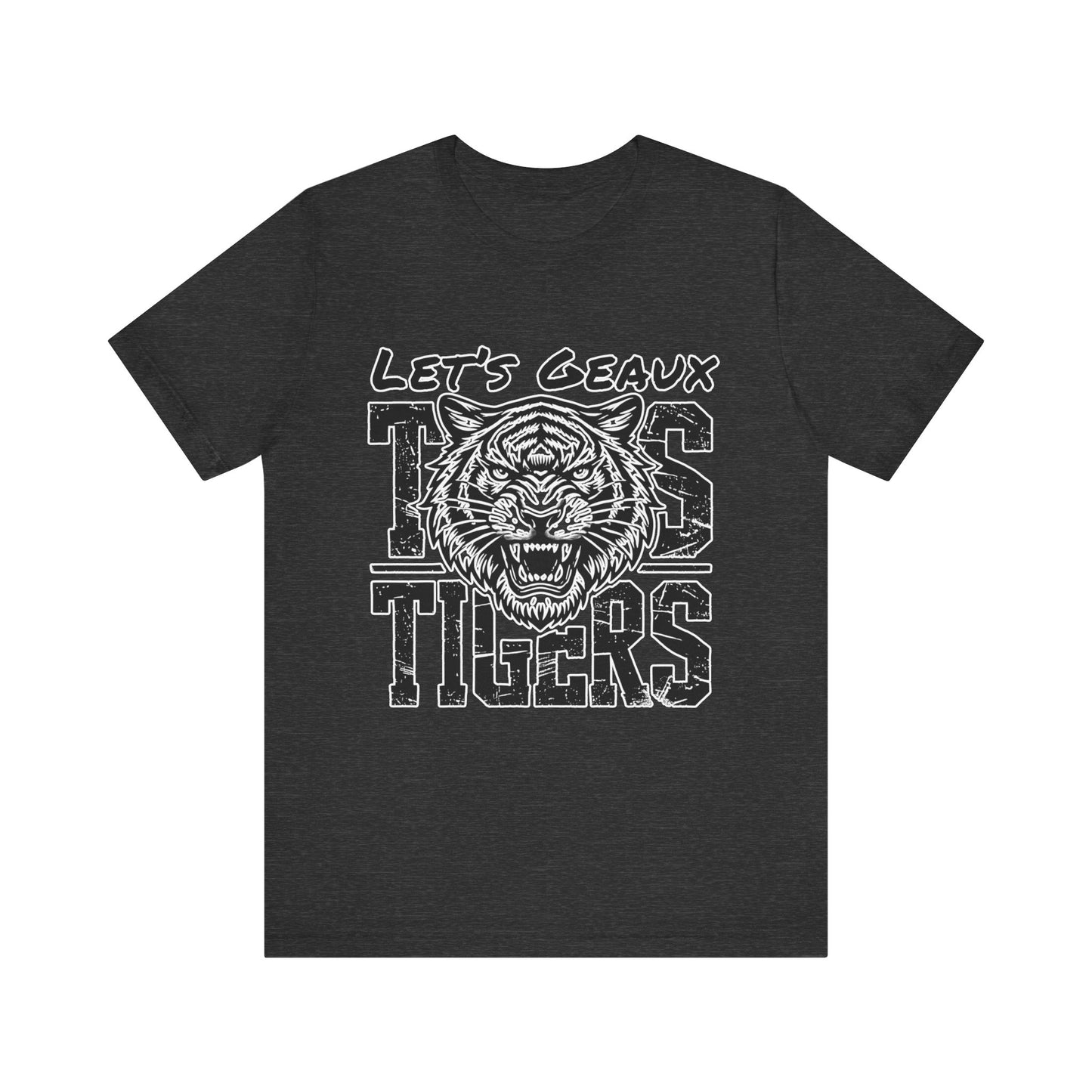 Black t-shirt with white tiger graphic and text on a white background Let's Geaux Tigers T-Shirt - Fierce Tiger Graphic Game Day Tee