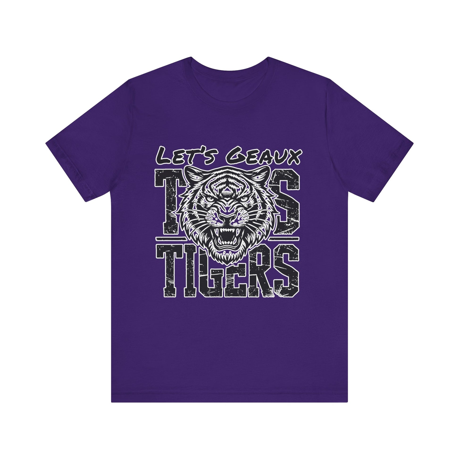 Purple t-shirt with 'Let's Geaux Tigers' graphic on a white background Let's Geaux Tigers T-Shirt - Fierce Tiger Graphic Game Day Tee