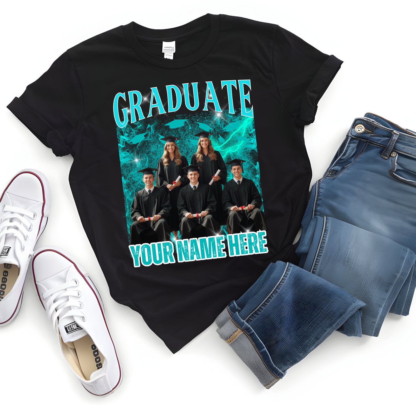 Black t-shirt with graduation design and space for personalization, paired with jeans and sneakers on a white background.  Customizable graduation photo t-shirt featuring senior portrait, school mascot, and sports organization logos in school colors