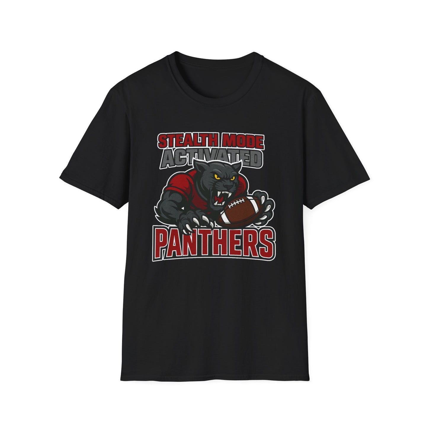 Black t-shirt with panther graphic and text on a white background