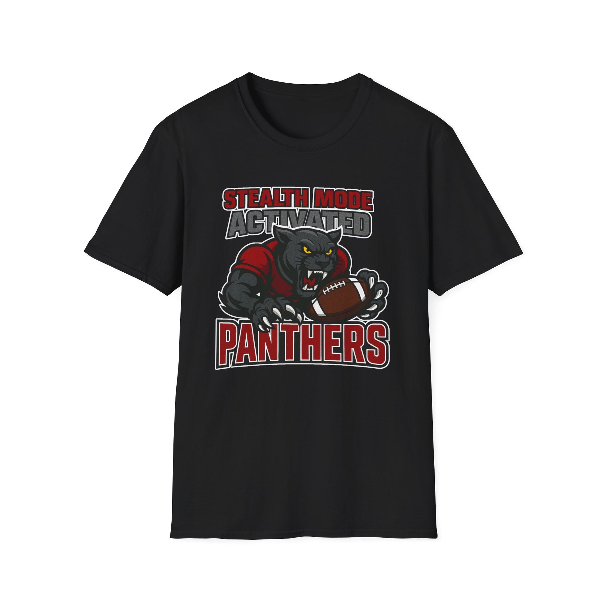 Black t-shirt with panther graphic and text on a white background