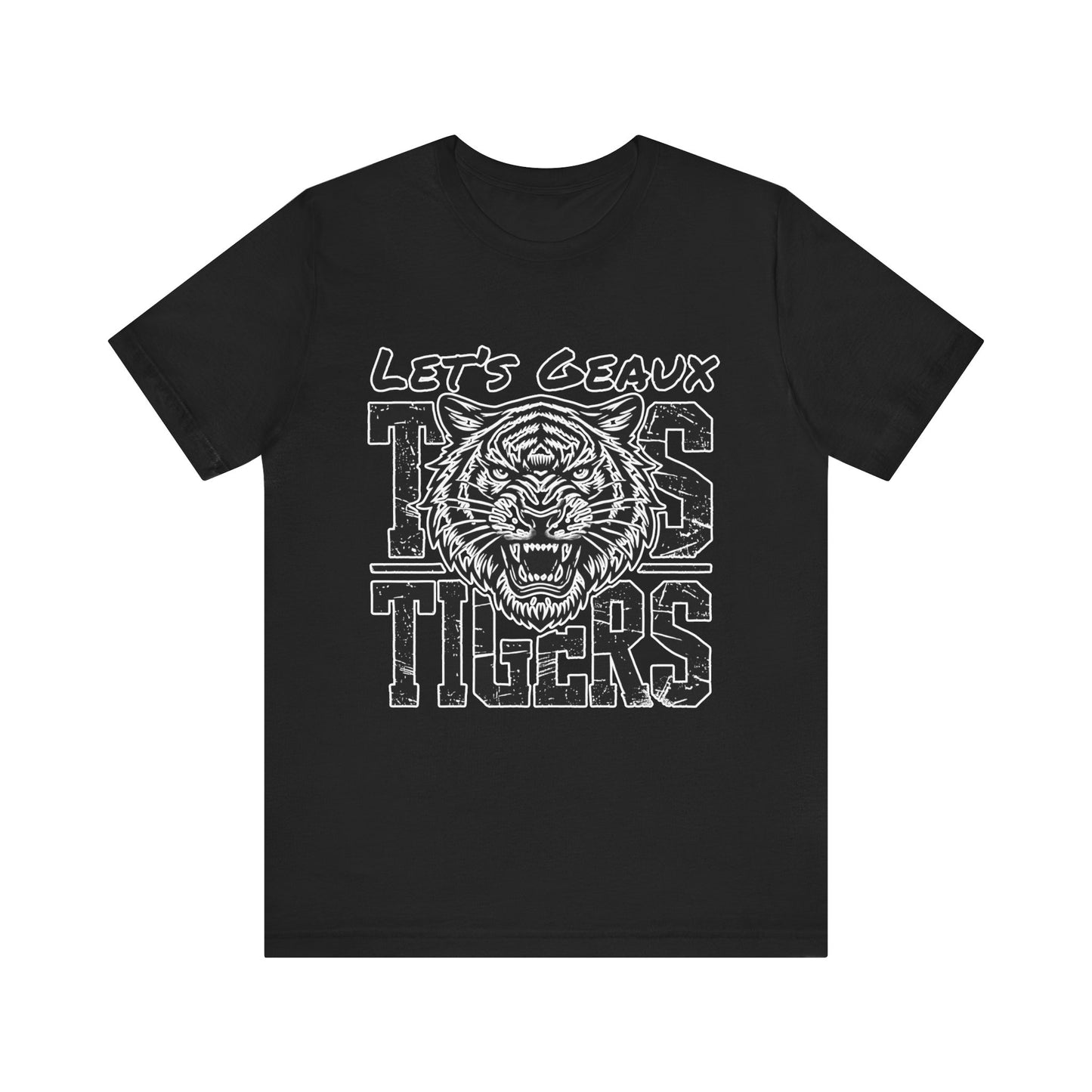 Black t-shirt with white tiger graphic and text on a white background Let's Geaux Tigers T-Shirt - Fierce Tiger Graphic Game Day Tee
