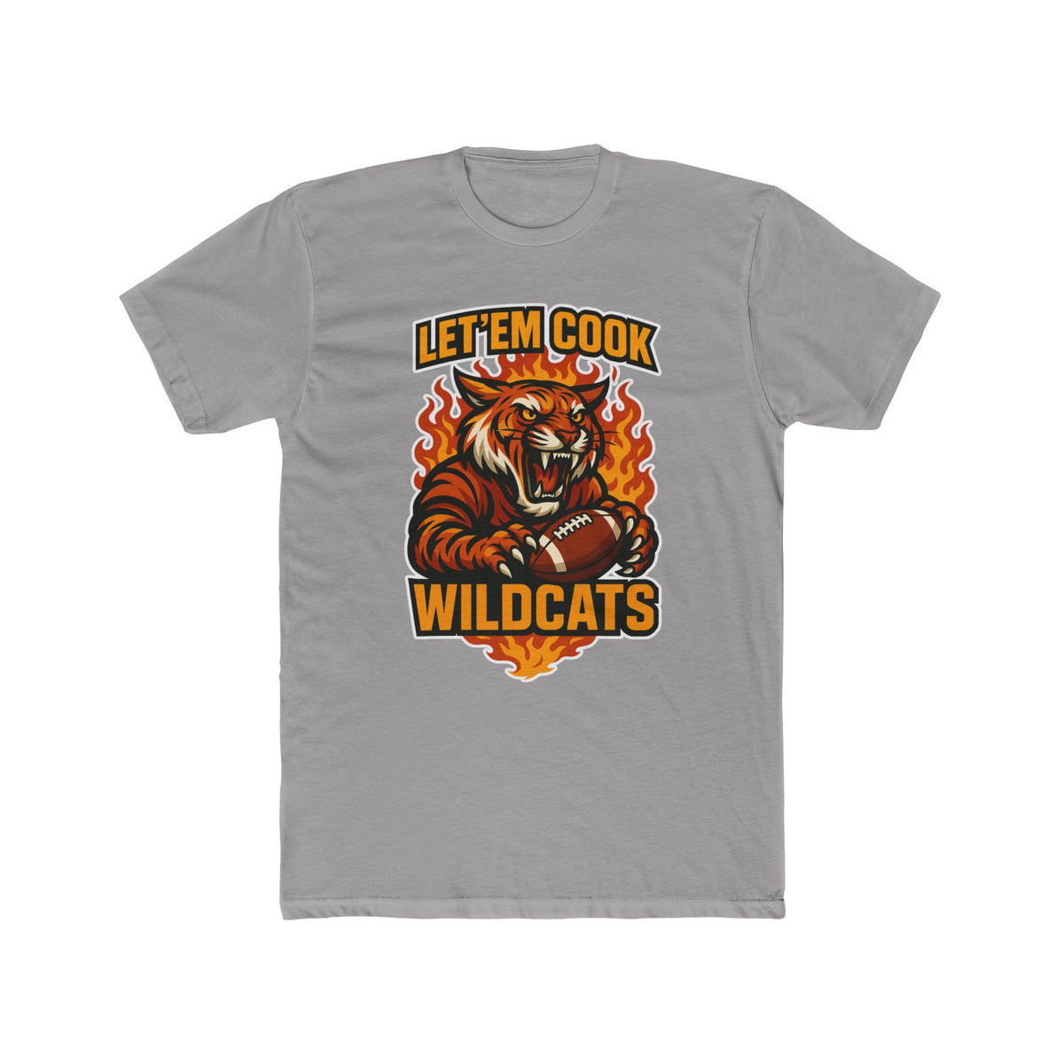 Gray t-shirt with a tiger graphic and 'Let’em Cook Wildcats' text on a white background