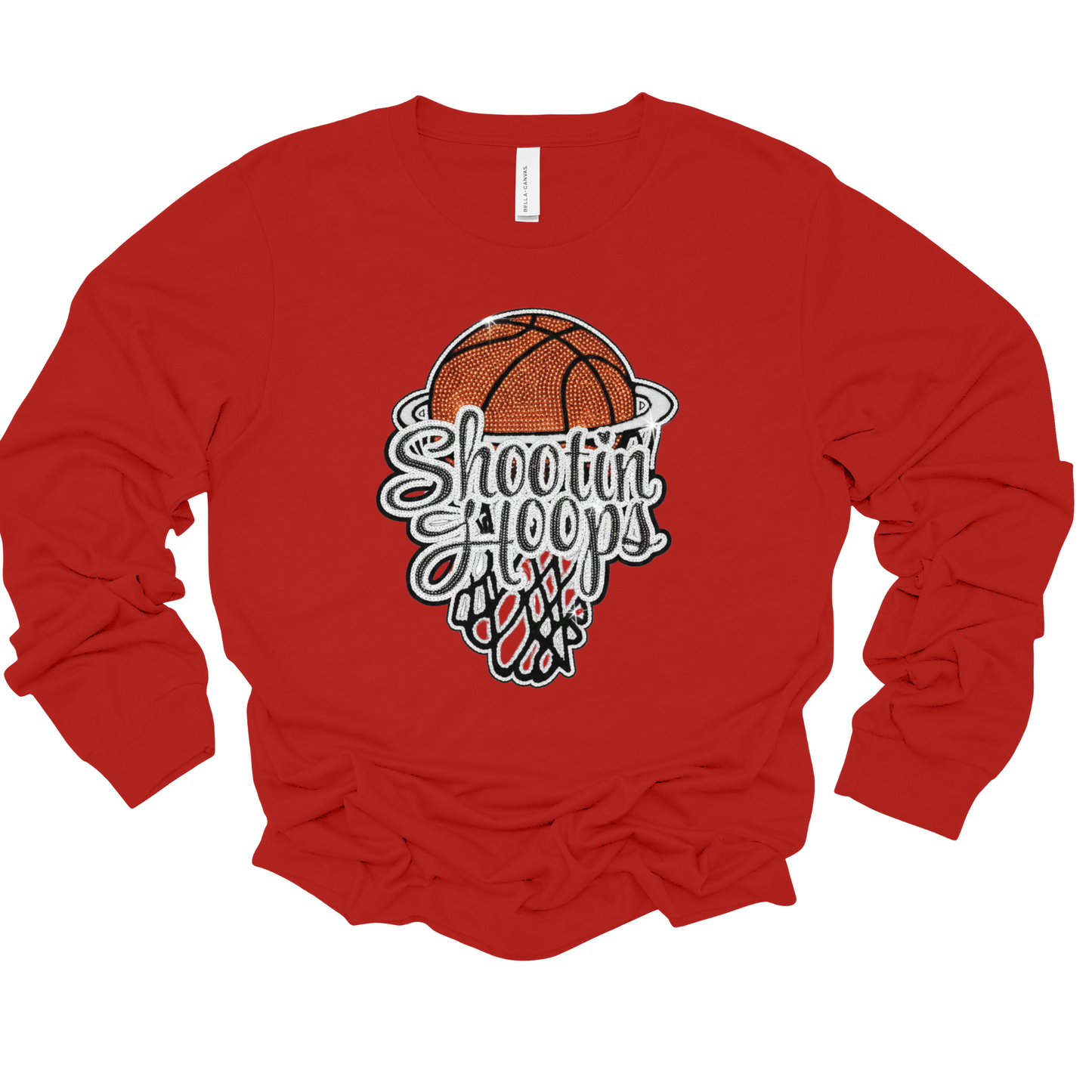 Red long-sleeve shirt with basketball graphic and 'Shootin Hoops' text on a white background