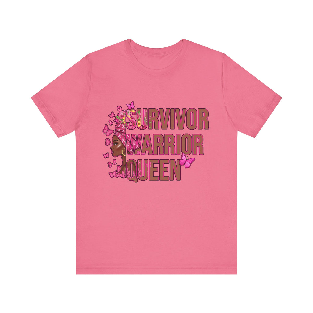 Pink t-shirt with 'Survivor Warrior Queen' text and graphics on a white background