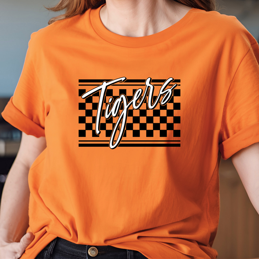 Custom Mascot Shirt - Tigers Checkered School Spirit Tee Shirt