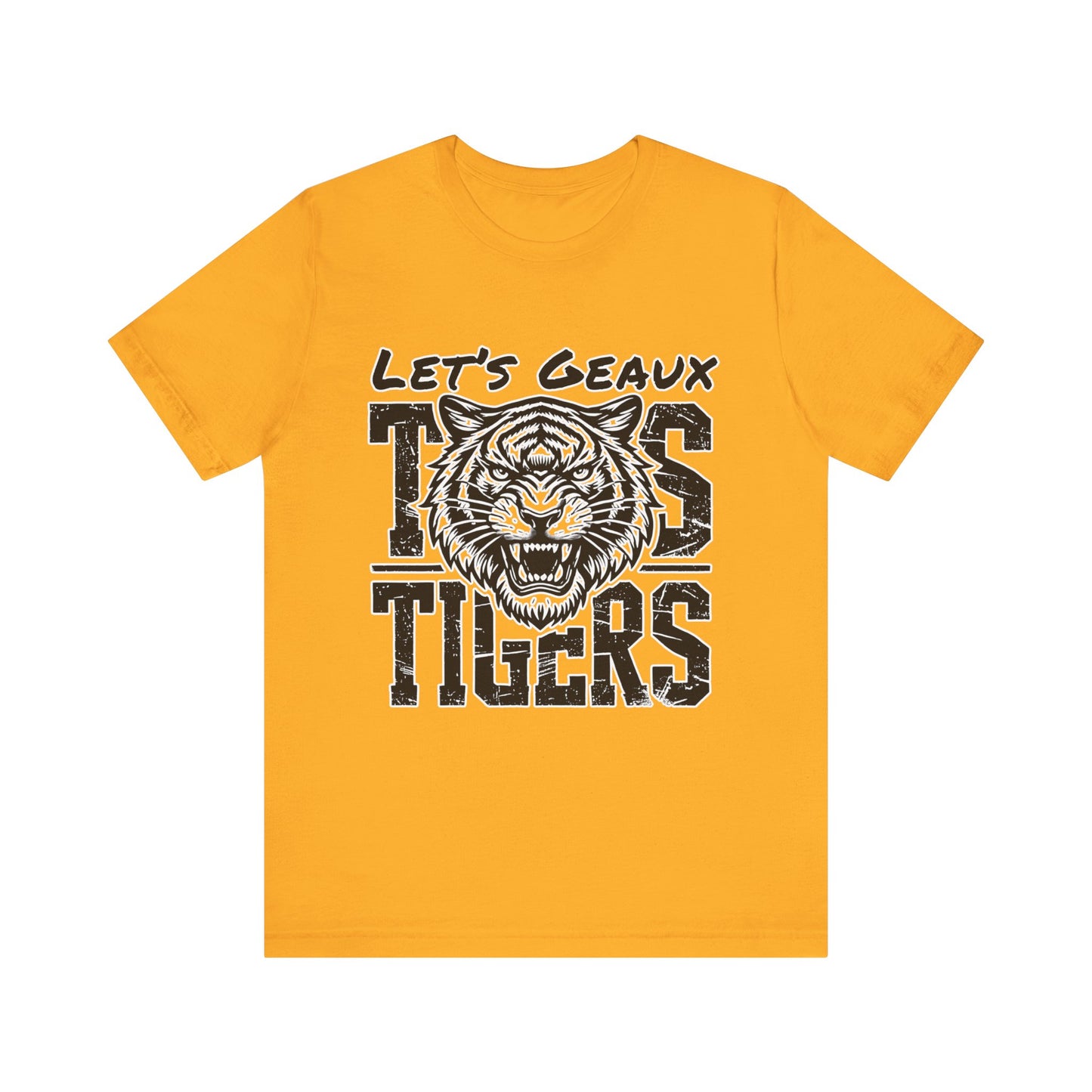 Yellow t-shirt with a tiger graphic and text on a white background Let's Geaux Tigers T-Shirt - Fierce Tiger Graphic Game Day Tee